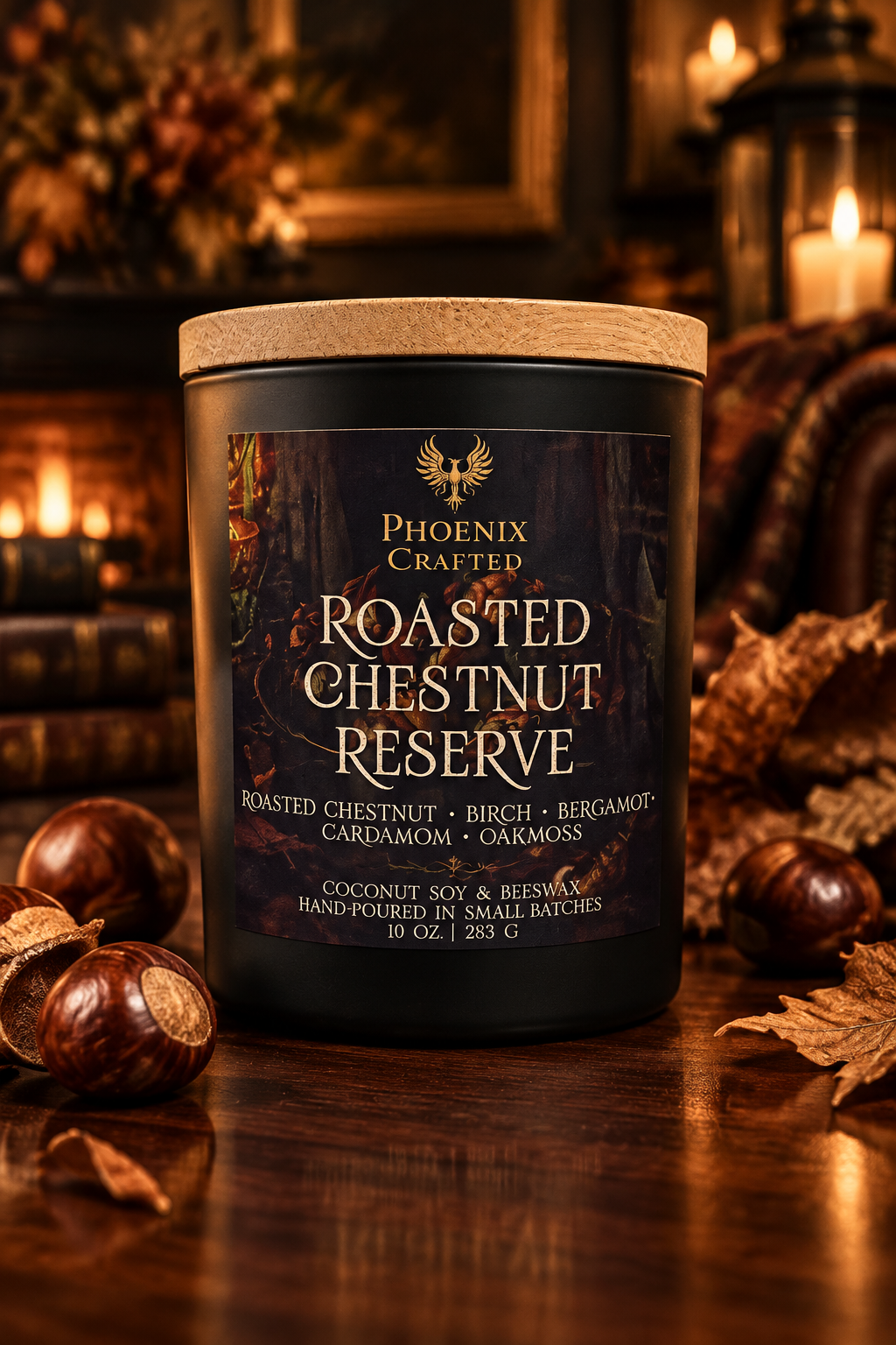 Roasted Chestnut Reserve 10 oz candle in a matte black Noir Phoenix Crafted vessel.