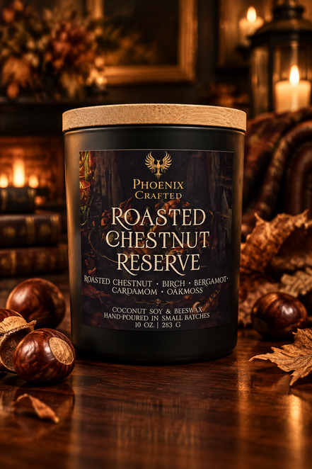 Roasted Chestnut Reserve 10 oz candle in a matte black Noir Phoenix Crafted vessel.