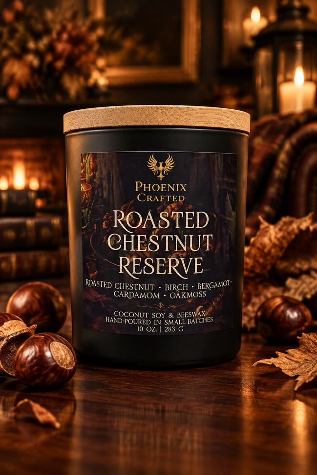 Roasted Chestnut Reserve 10 oz candle in a matte black Noir Phoenix Crafted vessel.