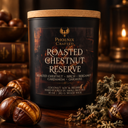 Roasted Chestnut Reserve 10 oz wooden-wick candle in a matte black Noir Phoenix Crafted vessel.