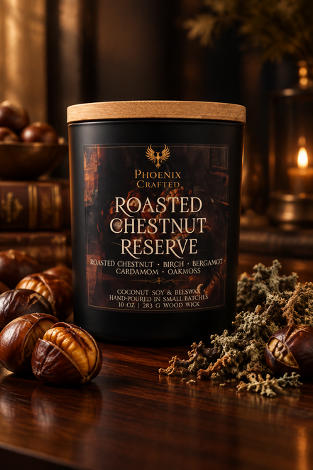 Roasted Chestnut Reserve 10 oz wooden-wick candle in a matte black Noir Phoenix Crafted vessel.