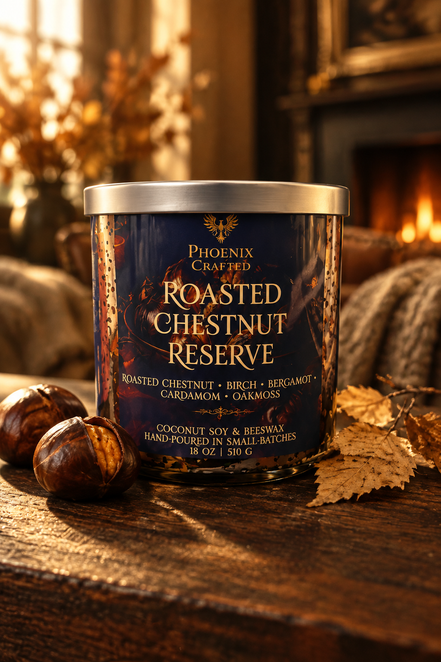 Roasted Chestnut Reserve 18 oz candle in the Limited Rose Gold Phoenix Crafted vessel.