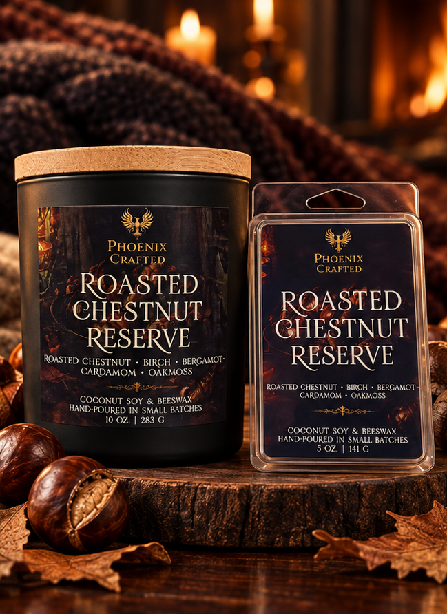 Roasted Chestnut Reserve gift set with a Noir 10 oz candle and matching 5 oz wax melts.