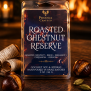 Roasted Chestnut Reserve 5 oz wax melts in Phoenix Crafted clamshell packaging.