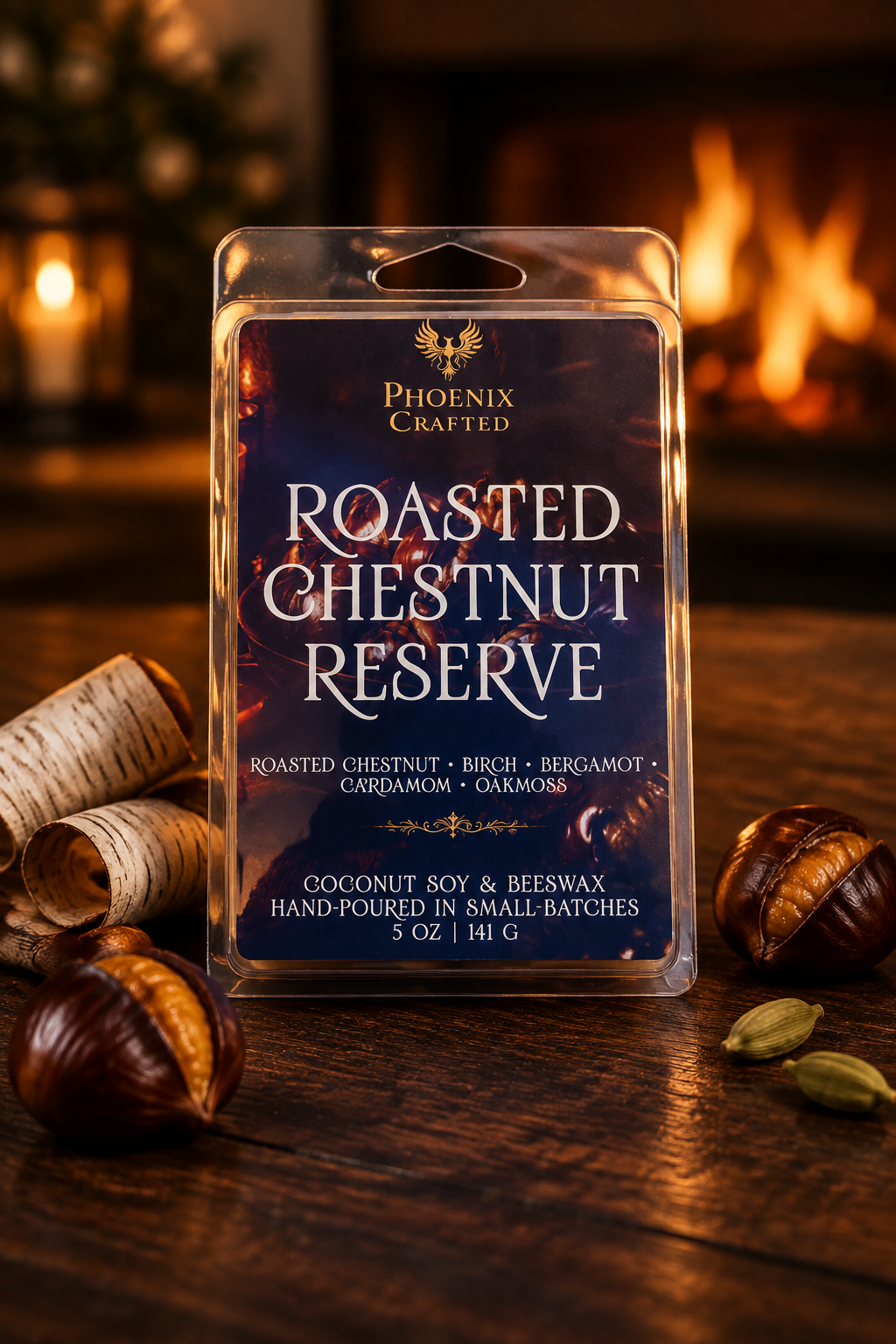 Roasted Chestnut Reserve 5 oz wax melts in Phoenix Crafted clamshell packaging.