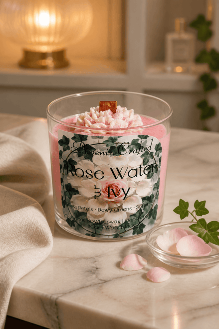 Rose Water & Ivy Candle displayed on a marble surface with rose petals and a soft fabric.