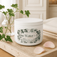Rose Water & Ivy Candle in a white container with floral design on a wooden surface, surrounded by rose petals and greenery.