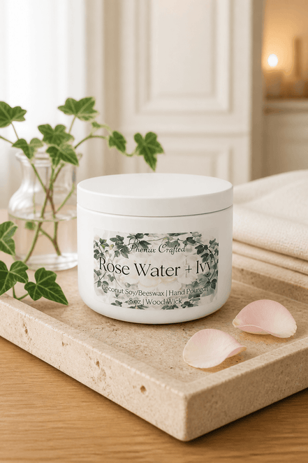 Rose Water & Ivy Candle in a white container with floral design on a wooden surface, surrounded by rose petals and greenery.