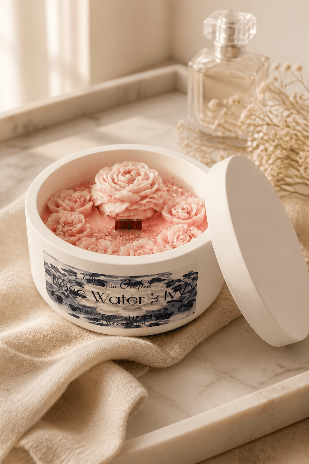 Round white lidded candle tin with pink sculpted wax roses, central wooden wick, blue floral label, on beige cloth and marble tray with glass bottle.