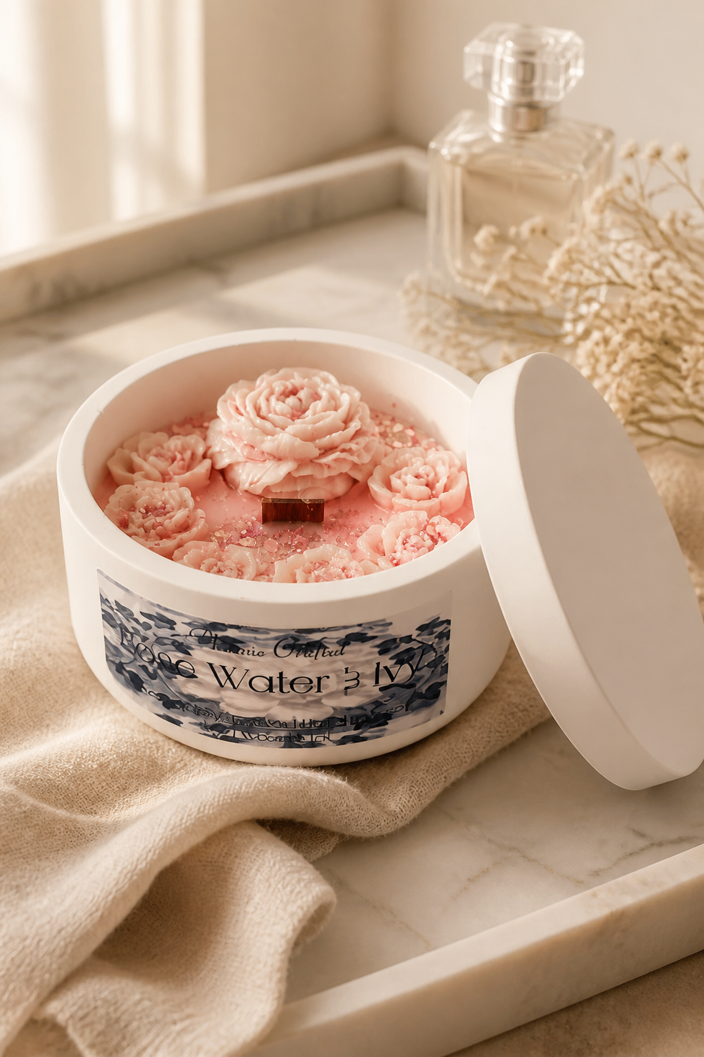 Rose Water & Ivy Candle in a decorative container with floral design, showcasing pink wax roses.