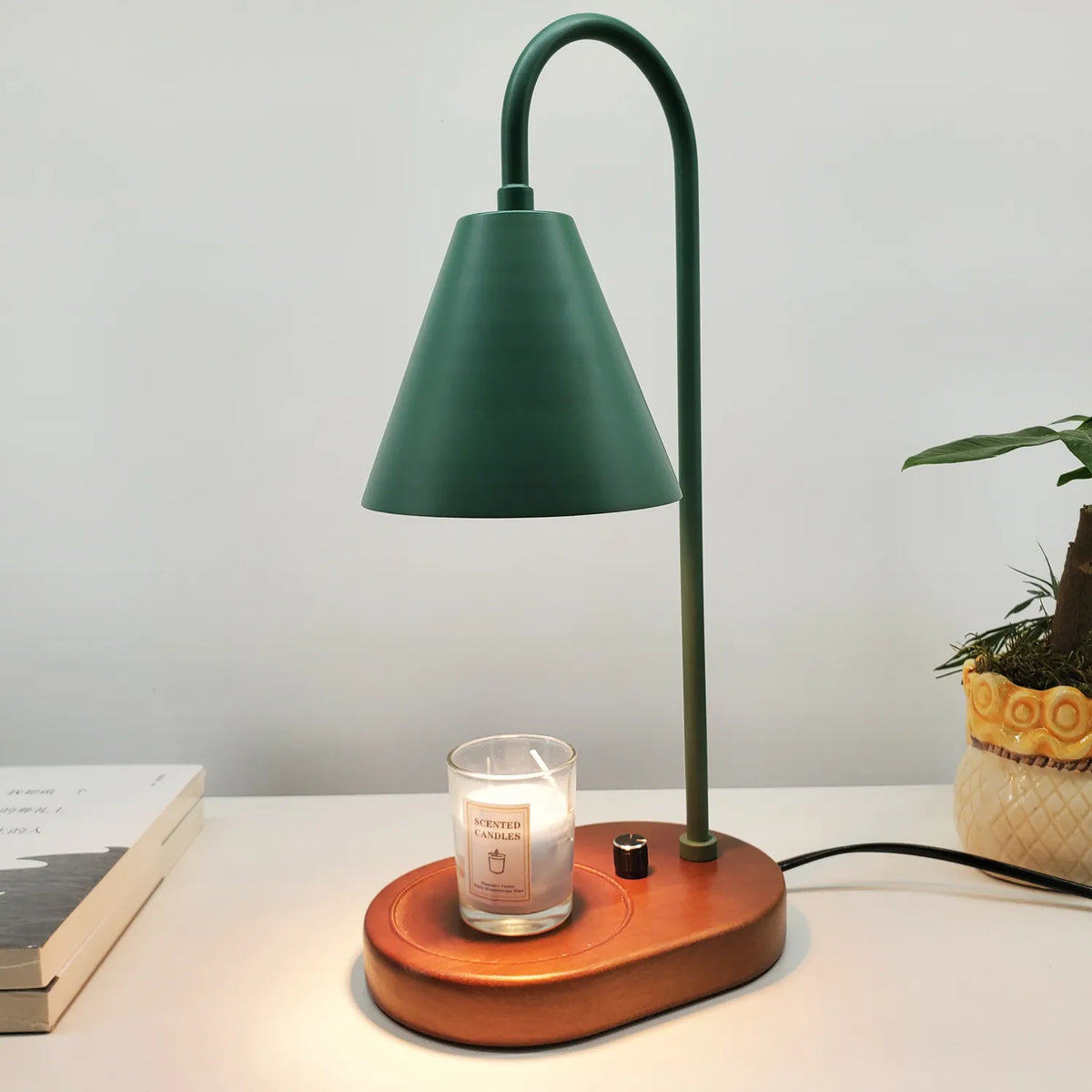 110V/230V Electric Candle Warmer Wax Melting Light Creative Aromatherapy Table Wooden Base Bedside Decor on a desk.