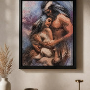 Sacred Embrace Diamond Painting featuring two figures in a tender embrace, illuminated by resin diamonds.
