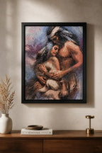 Sacred Embrace Diamond Painting featuring two figures in a tender embrace, illuminated by resin diamonds.