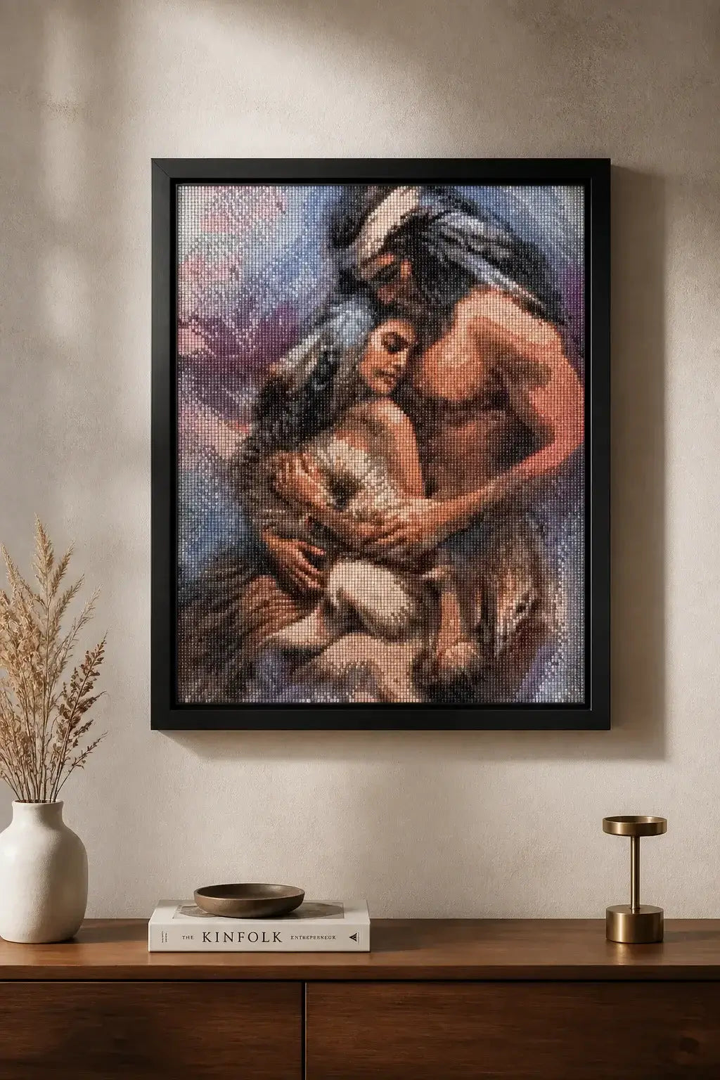 Sacred Embrace Diamond Painting featuring two figures in a tender embrace, illuminated by resin diamonds.