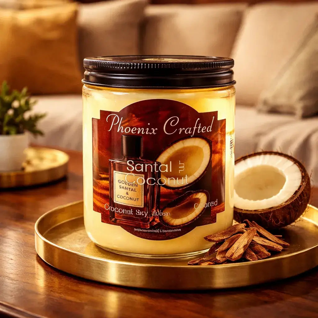 Santal & Coconut Candle in a glass jar with natural coconut and cinnamon sticks on a wooden table.