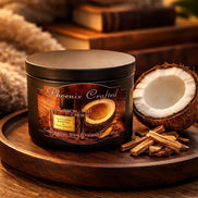 Santal & Coconut Candle in a stylish jar with coconut shell and wood accents.