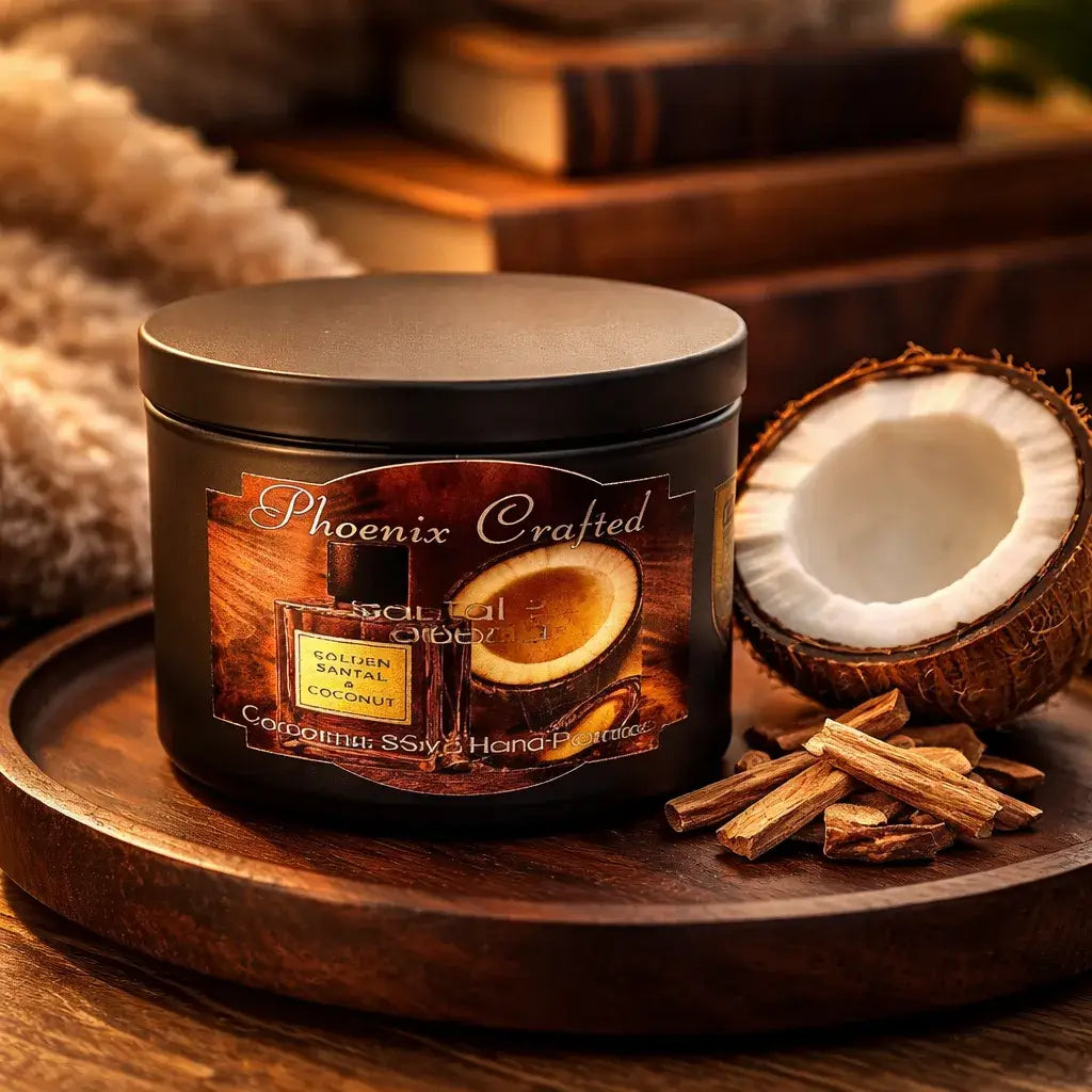 Santal & Coconut Candle in a stylish jar with coconut shell and wood accents.