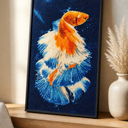 Sapphire Ember Betta finished diamond artwork shown in a styled frame mockup; artwork is sold unframed.