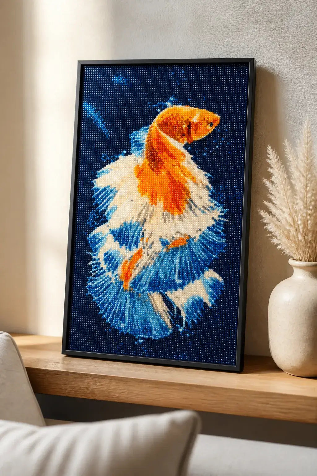 Sapphire Ember Betta finished diamond artwork shown in a styled frame mockup; artwork is sold unframed.