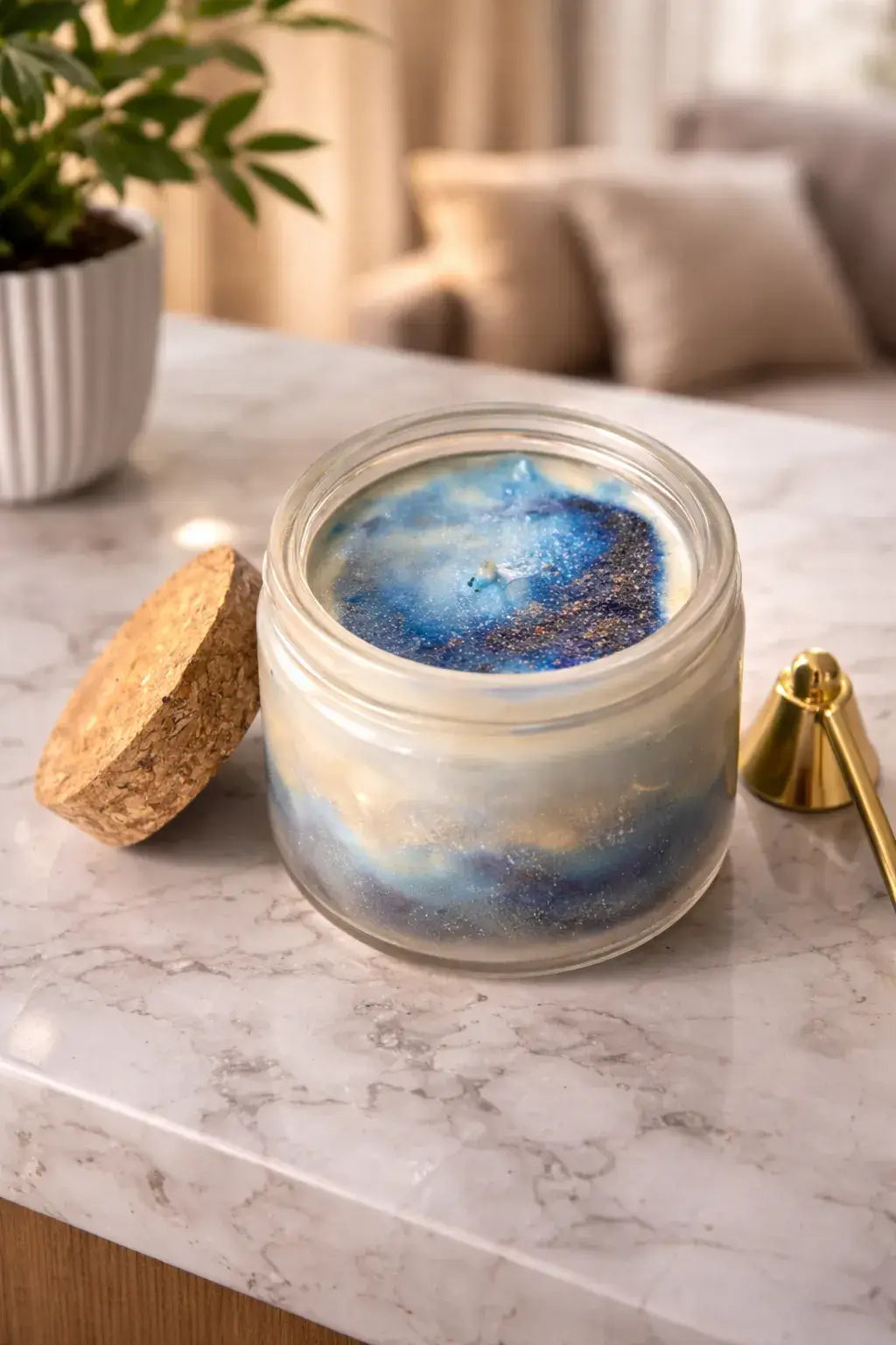 Sea Salt & Rosemary Candle in a decorative jar with blue and gold hues on a marble surface.