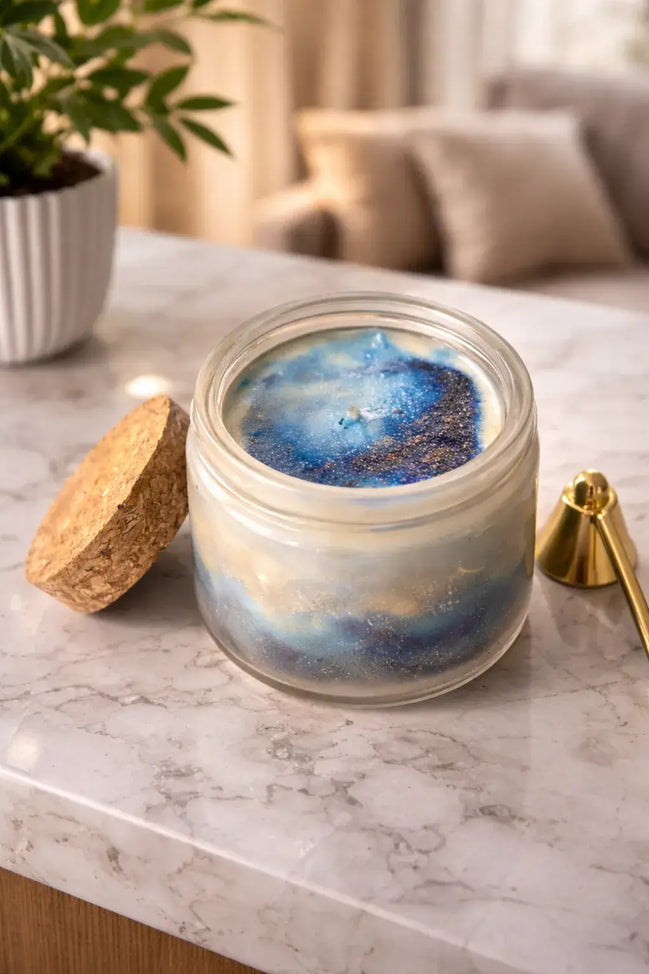 Sea Salt & Rosemary Candle in a decorative jar with blue and gold hues on a marble surface.