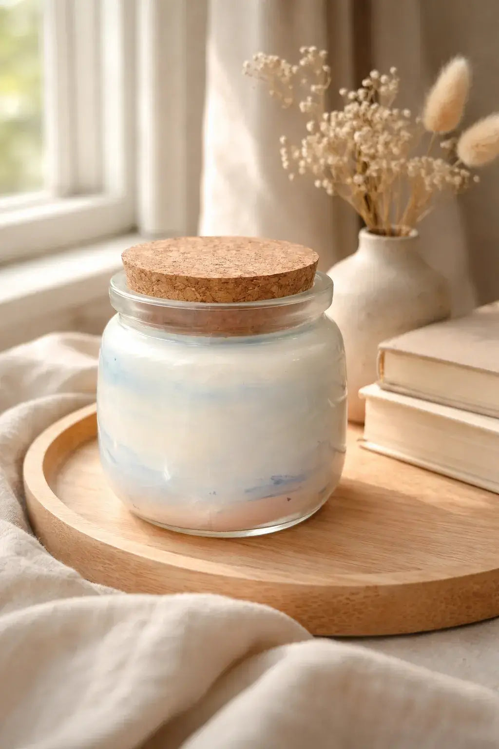 Sea Salt & Rosemary Candle in glass jar with cork lid, displayed on wooden tray near books and dried flowers.