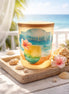 Seaside Blossom Candle displayed on a wooden tray with seashells and a tropical background of the ocean.