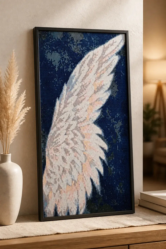 Seraphic Wing Diamond Painting featuring a radiant, luminous wing design against a dramatic backdrop.