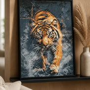 Shadowstride Tiger finished diamond artwork shown in a styled frame mockup; artwork is sold unframed.