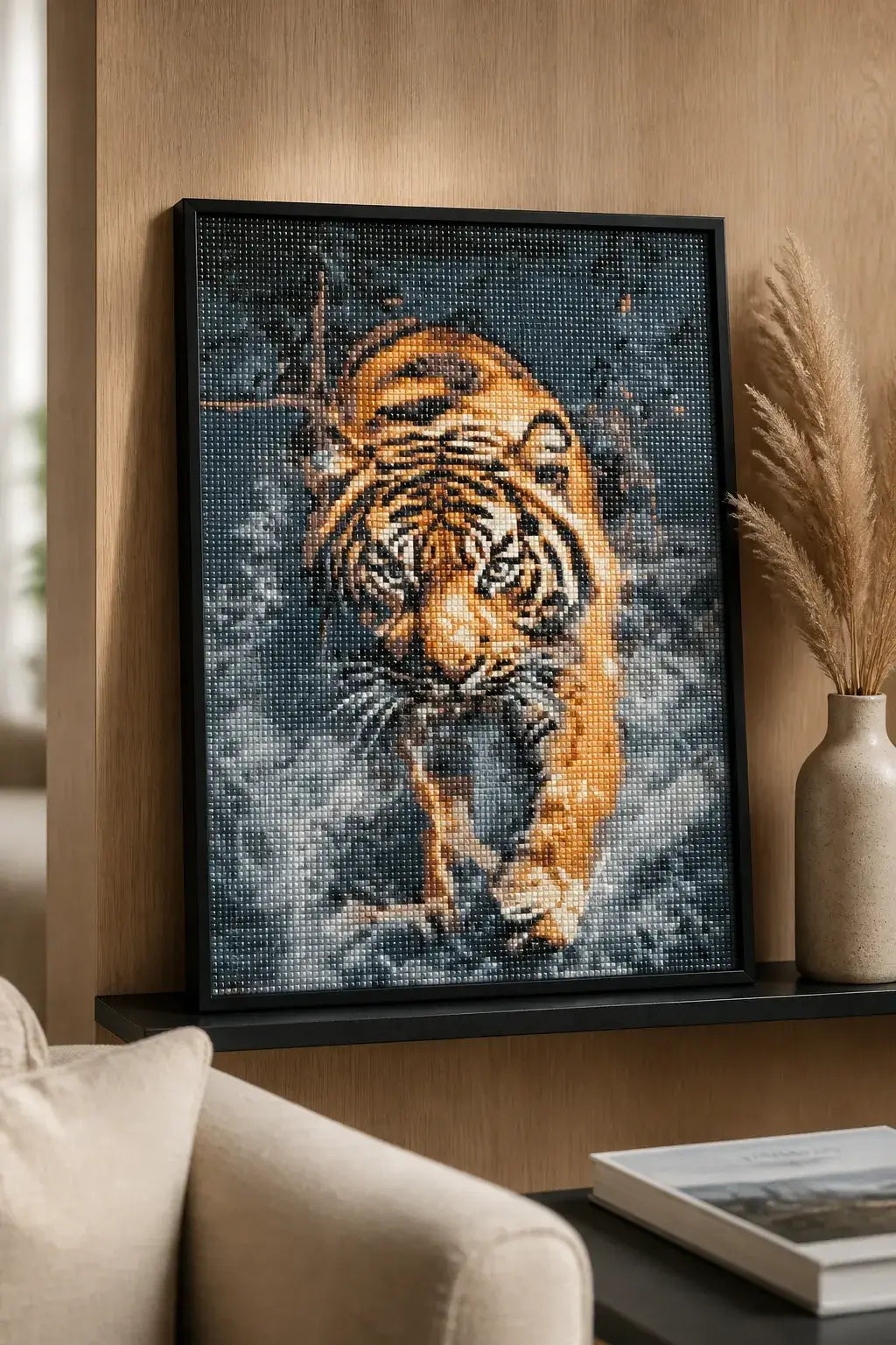 Shadowstride Tiger finished diamond artwork shown in a styled frame mockup; artwork is sold unframed.