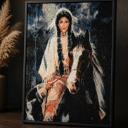 Skybound Warrior Diamond Painting featuring a rider on a horse with intricate diamond details.