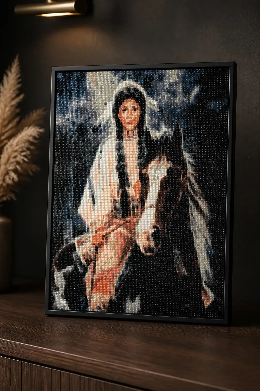 Skybound Warrior Diamond Painting featuring a rider on a horse with intricate diamond details.