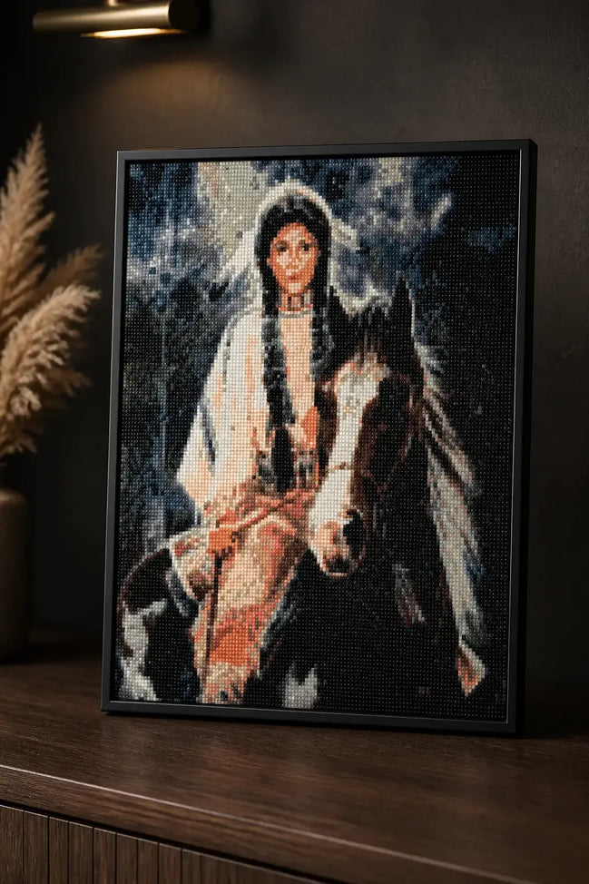 Skybound Warrior Diamond Painting featuring a rider on a horse with intricate diamond details.