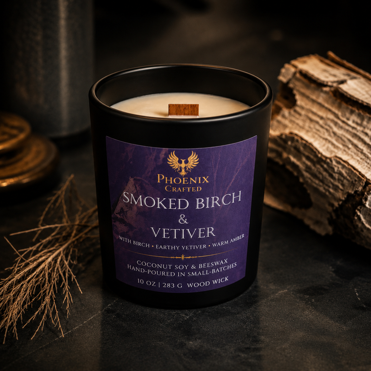 Smoked Birch & Vetiver candle in a dark Phoenix Crafted vessel with a smoky wood-inspired setting.