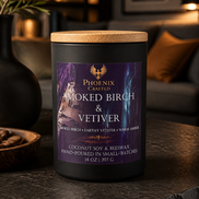 Smoked Birch & Vetiver Noir Grande 14 oz candle in a matte black vessel styled with dark woods and warm amber accents.
