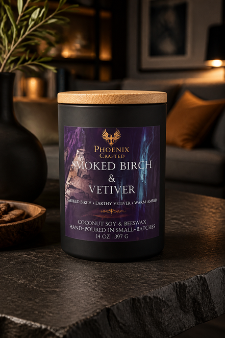 Smoked Birch & Vetiver Noir Grande 14 oz candle in a matte black vessel styled with dark woods and warm amber accents.