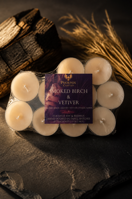 Smoked Birch & Vetiver Tealights featuring earthy vetiver and warm amber in an elegant pack of ten.