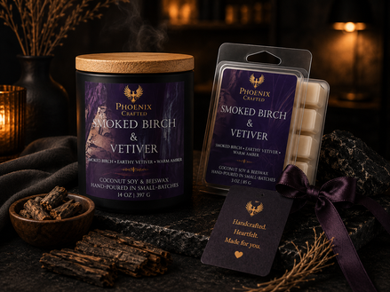 Smoked Birch & Vetiver candle and matching wax melts arranged together as a coordinated Phoenix Crafted gift set.