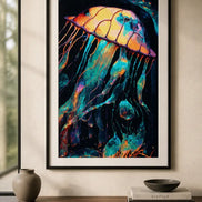 Solar Tide Jellyfish finished diamond artwork shown in a black-frame room mockup; artwork is sold unframed.