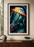 Solar Tide Jellyfish finished diamond artwork shown in a black-frame room mockup; artwork is sold unframed.