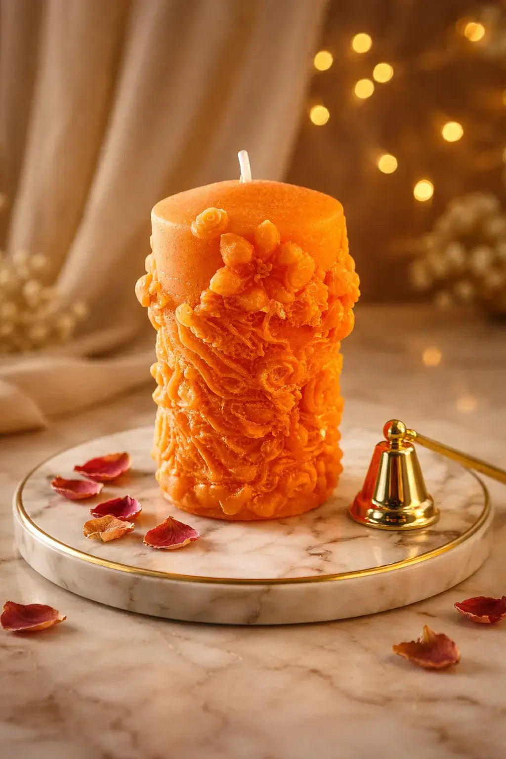 Decorative Sparkling Blossom Candles on a marble tray, with rose petals scattered around, glowing warmly.