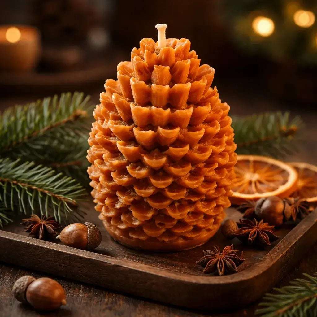 Decorative Speakeasy Candles shaped like a pine cone, featuring warm earthy tones and surrounded by festive décor.