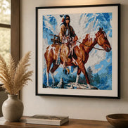 Spirit of the Mountain finished rider-and-horse diamond artwork shown in a frame mockup; artwork is sold unframed.