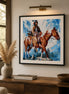 Spirit of the Mountain finished rider-and-horse diamond artwork shown in a frame mockup; artwork is sold unframed.