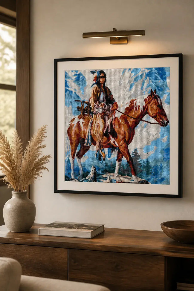 Spirit of the Mountain finished rider-and-horse diamond artwork shown in a frame mockup; artwork is sold unframed.