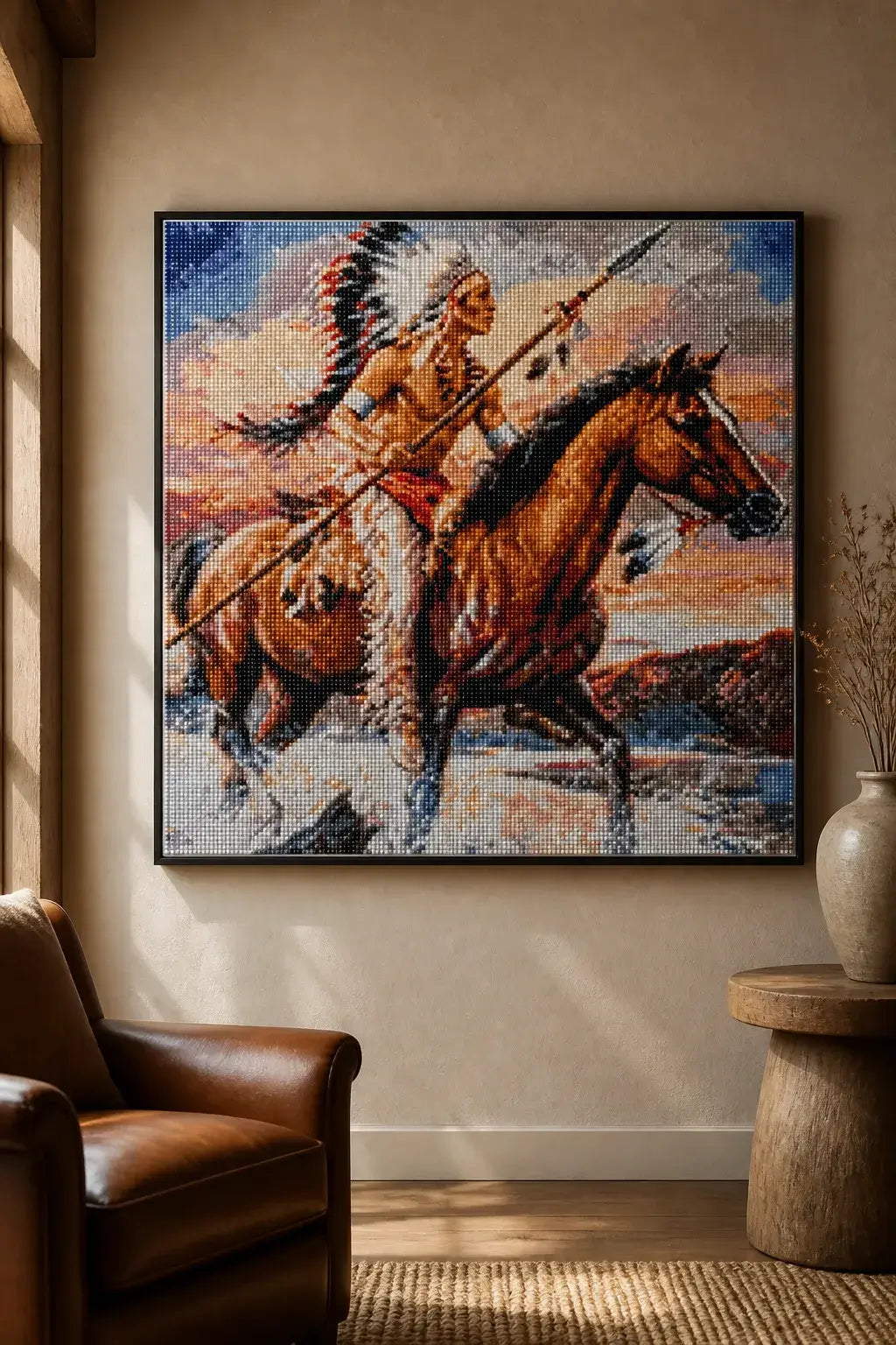 Spirit of the Plains Diamond Painting depicting a warrior on a horse against a scenic background.