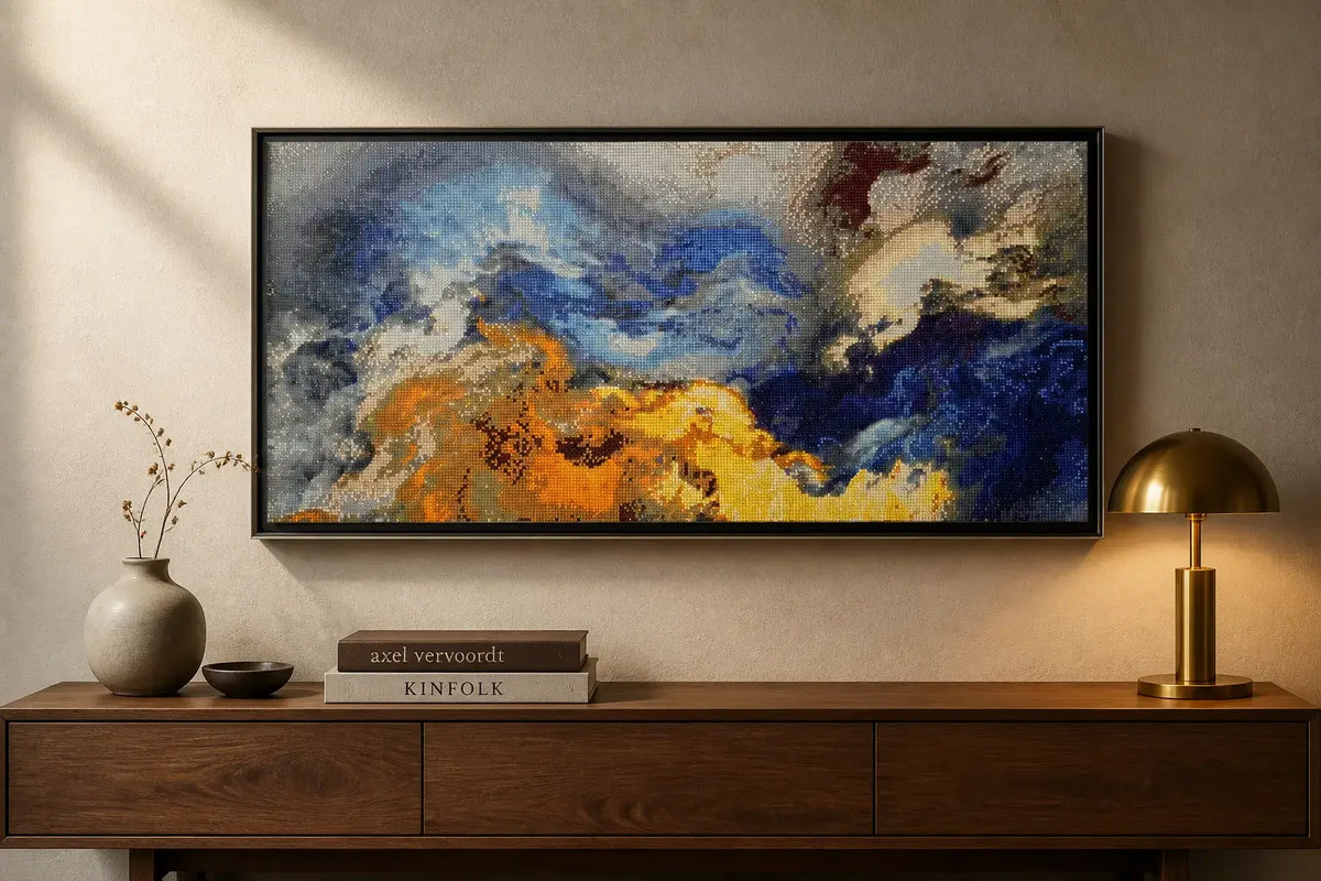 Stormlight Mosaic finished abstract diamond artwork shown in a wall-frame mockup; artwork is sold unframed.
