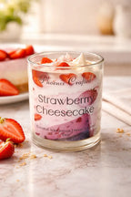 Strawberry Cheesecake Candle in a glass jar with fresh strawberries, ideal for cozy atmospheres and dessert lovers.