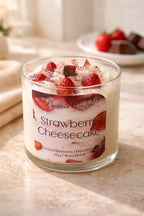 Strawberry Cheesecake Candle in a glass jar with fresh strawberries and chocolate pieces.
