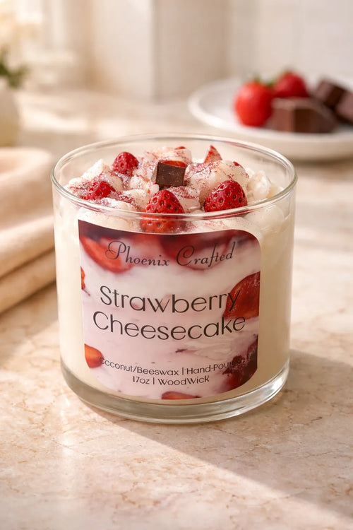 Strawberry Cheesecake Candle in a glass jar with fresh strawberries and chocolate pieces.